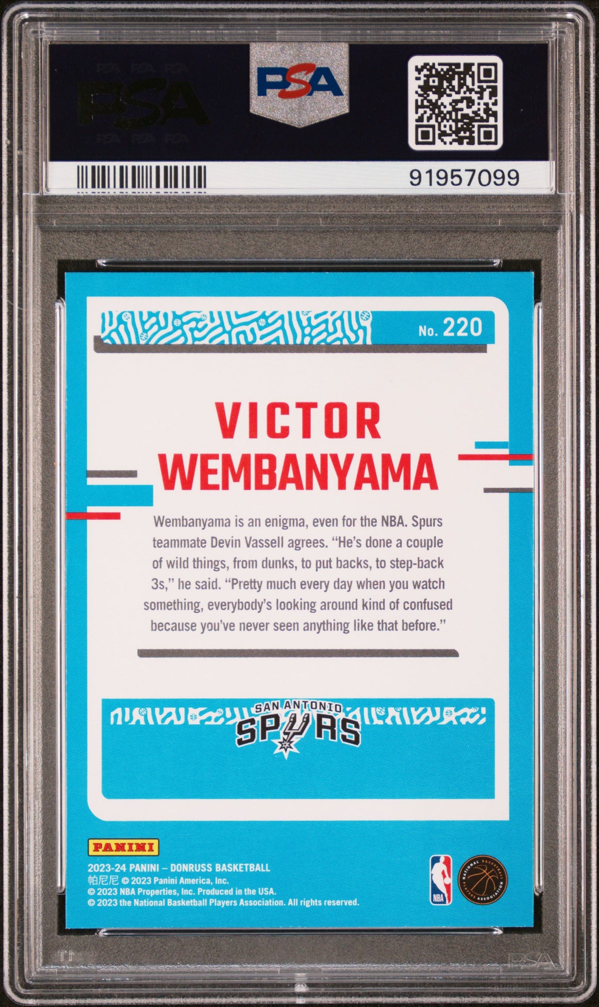 Victor Wembanyama 2023 Panini Donruss rookie card, PSA 9, back