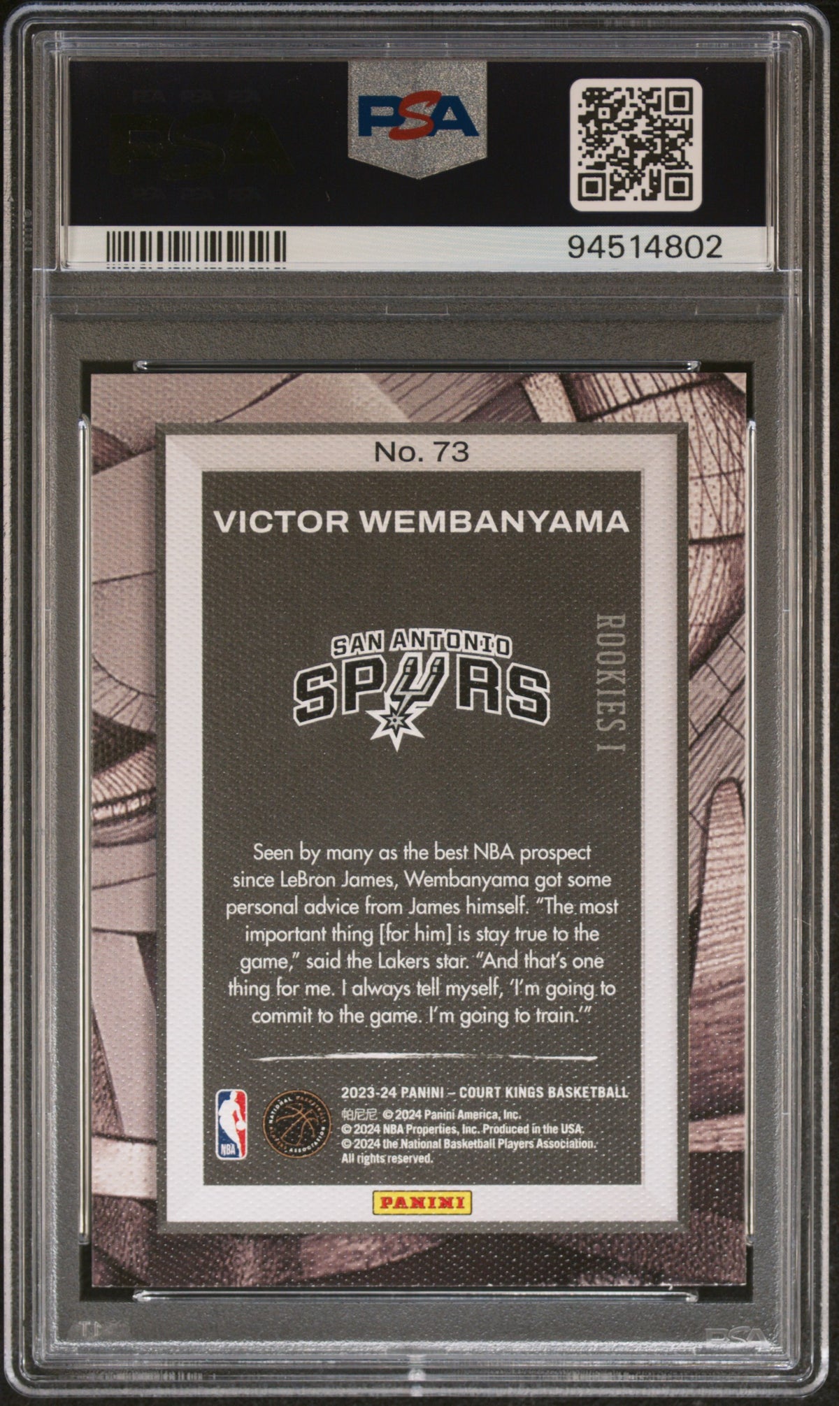 Victor Wembanyama 2023-24 Panini Court Kings rookie card, PSA 8, back