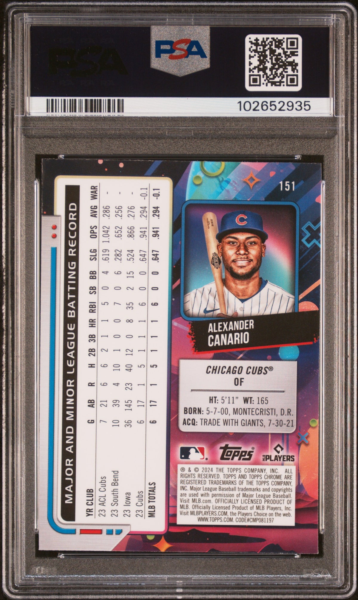 Alexander Canario 2024 Topps Chrome Cosmic #151 White Hole Refractors PSA 9 RC