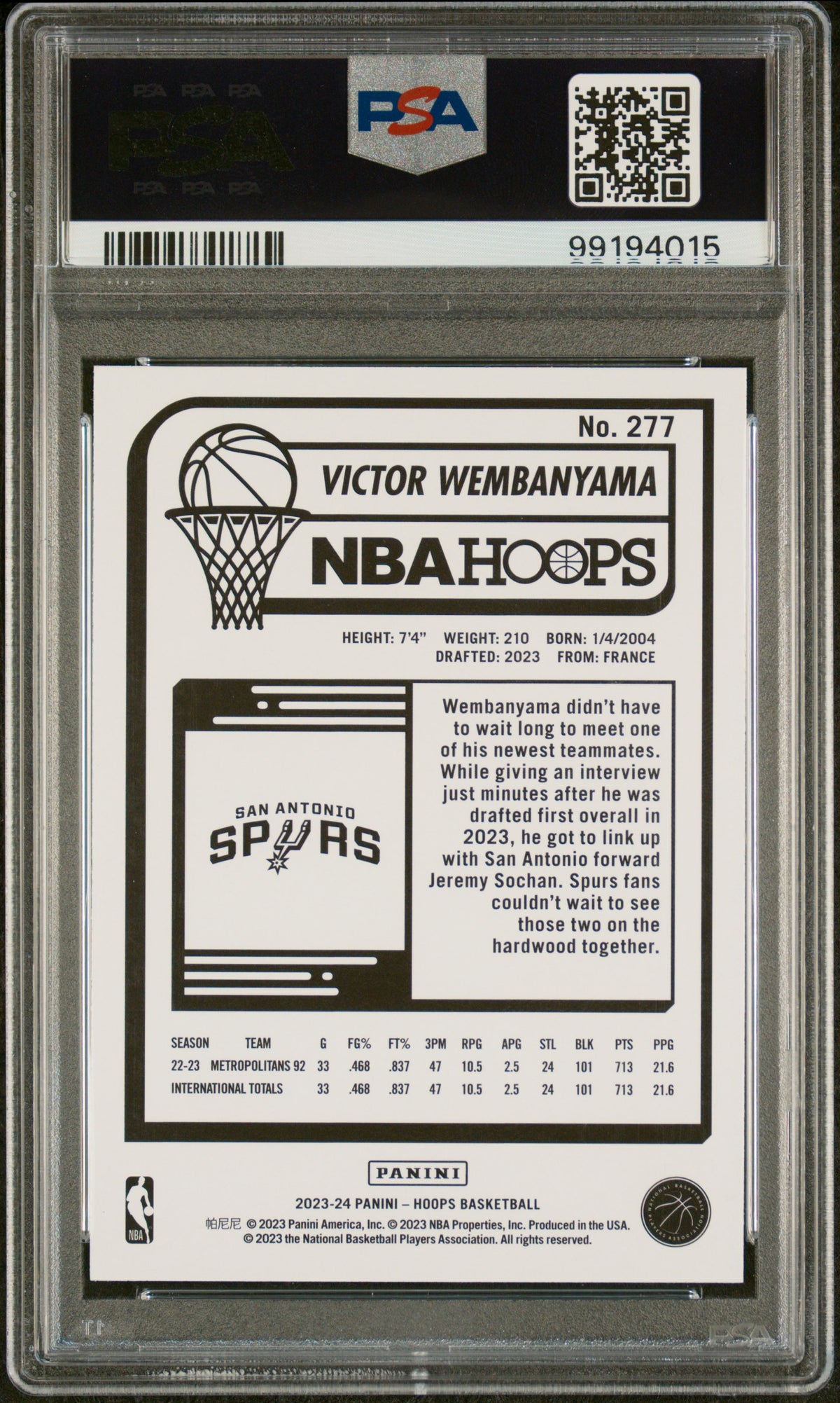 Victor Wembanyama 2023-24 Hoops Winter Purple rookie card, PSA 8, back
