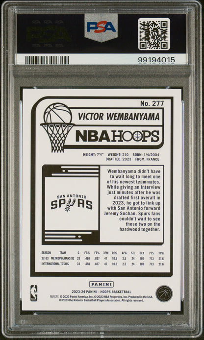 Victor Wembanyama 2023-24 Hoops Winter Purple rookie card, PSA 8, back