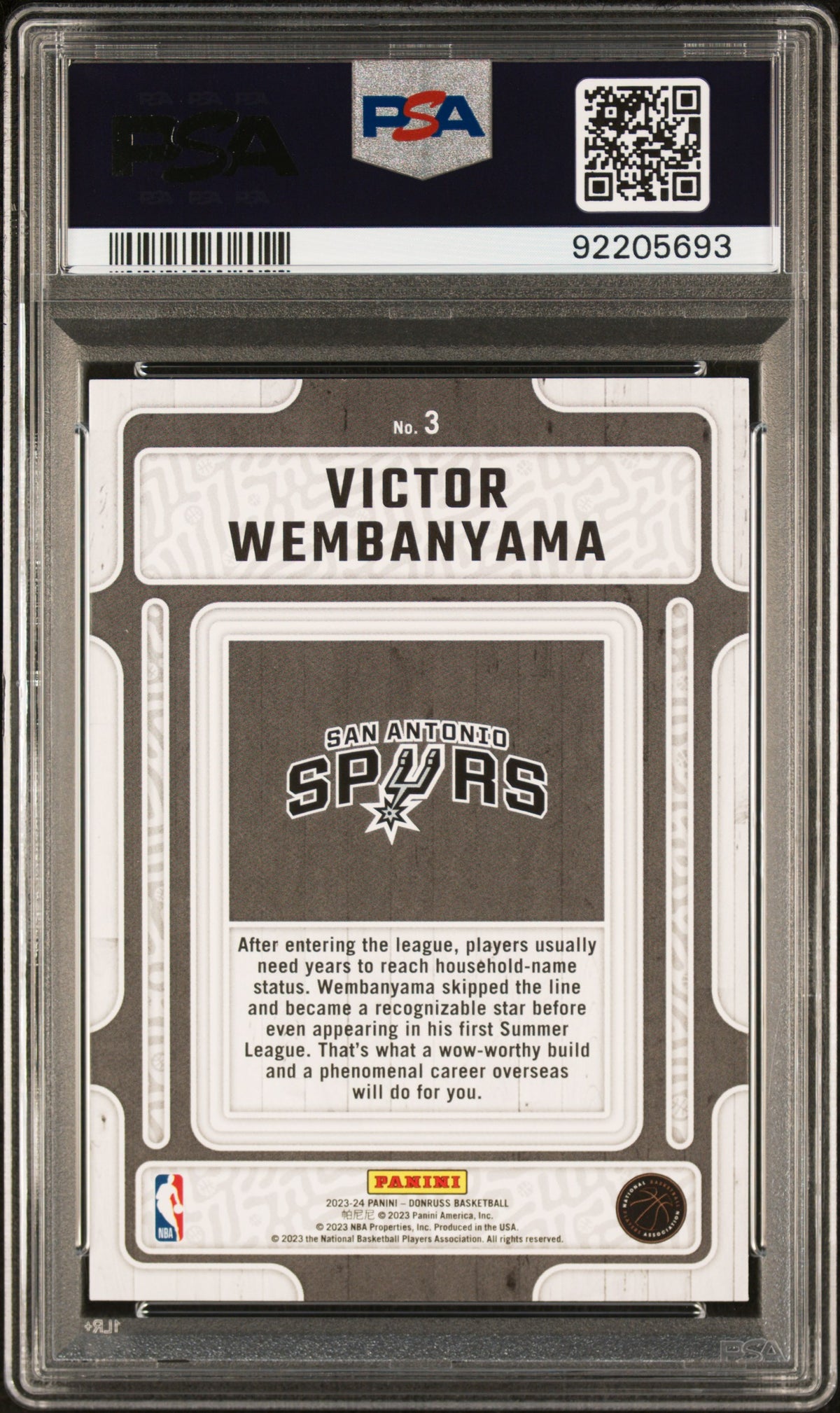 Victor Wembanyama 2023 Panini Donruss Hardwood Masters rookie card, PSA 9, back