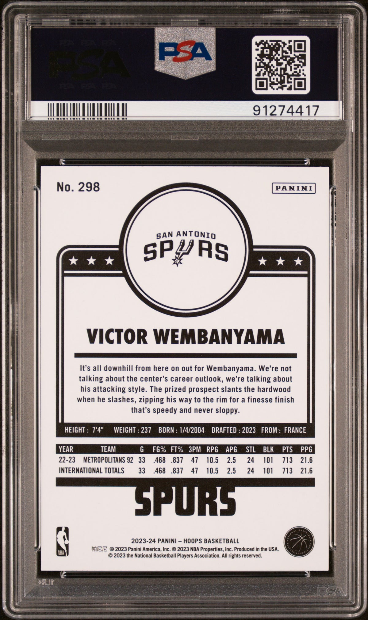 2023 Hoops Victor Wembanyama #298 RC Rookie PSA 9