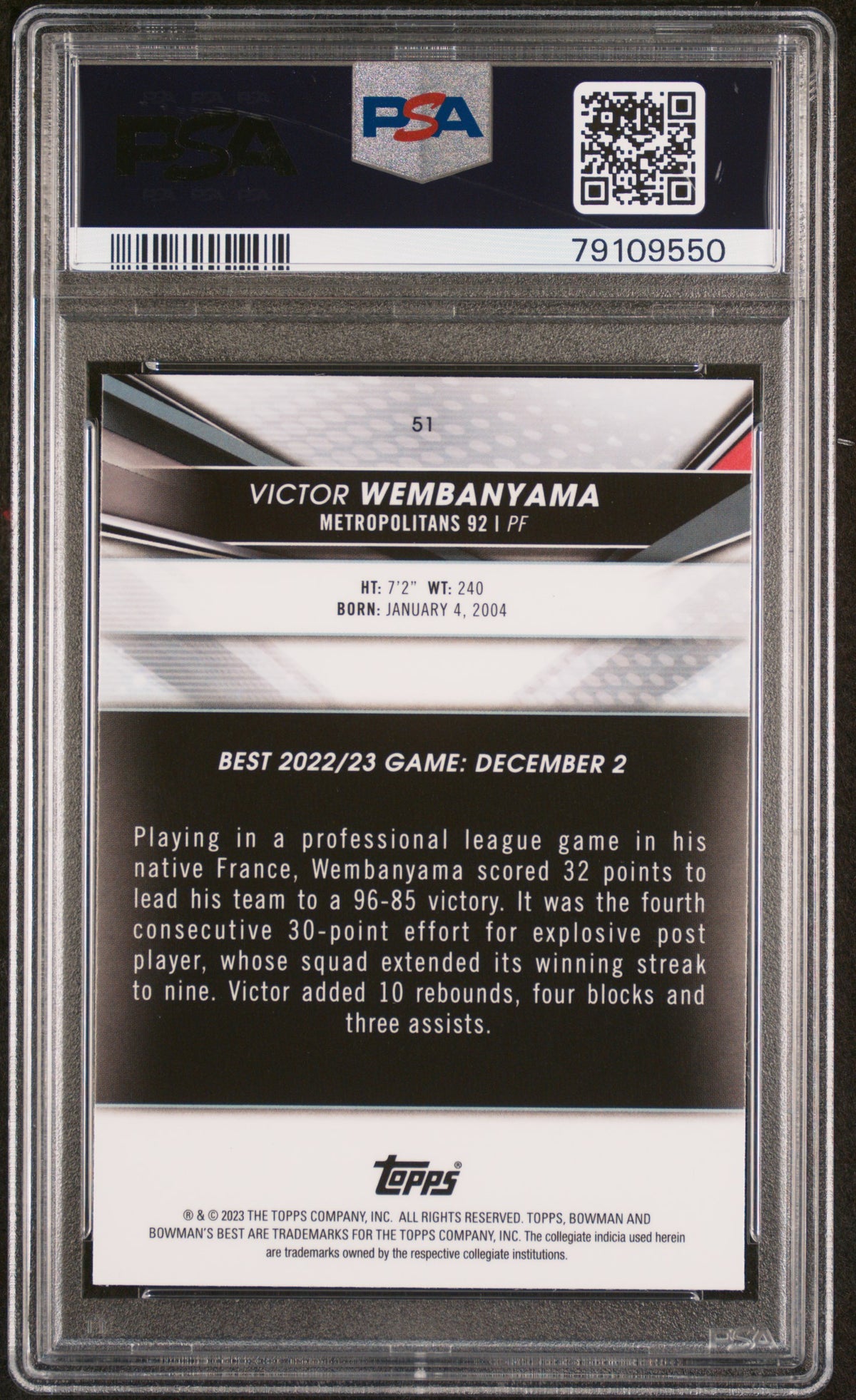 Victor Wembanyama 2022-23 Bowman University Best rookie card, PSA 8, back
