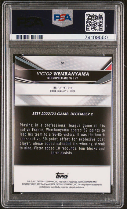 Victor Wembanyama 2022-23 Bowman University Best rookie card, PSA 8, back