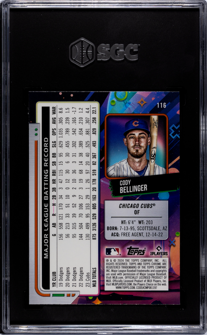 Cody Bellinger 2024 Topps Chrome Cosmic White Hole Refractors card, SGC 9, back