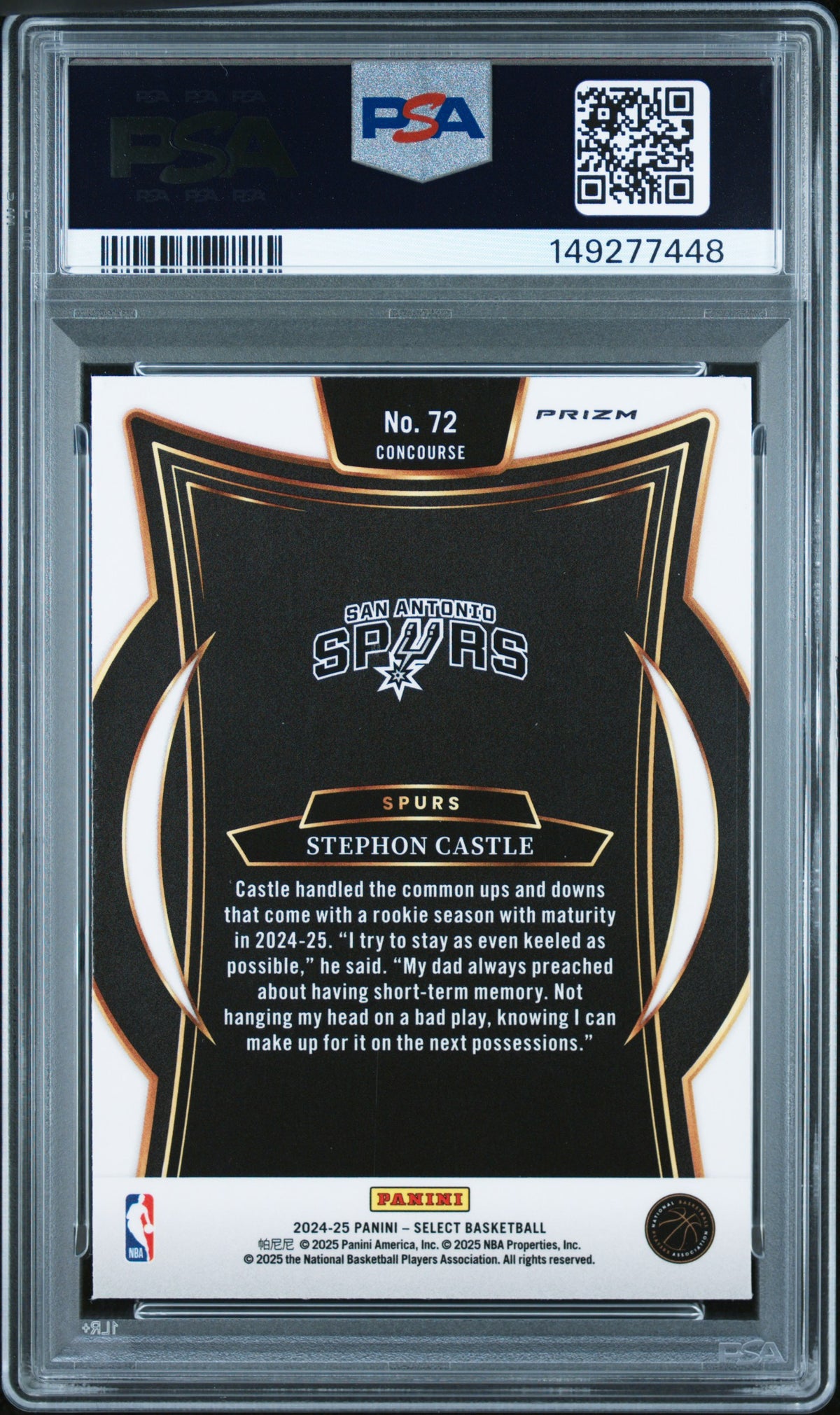 2024 Panini Select Stephon Castle #72 Red Cracked Ice Rookie PSA 7 NM Spurs
