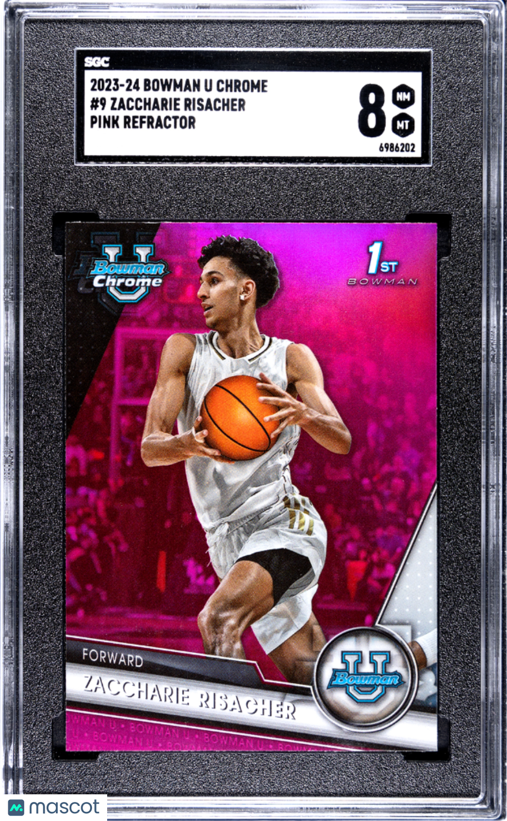 Zaccharie Risacher 2023-24 1st BowmanU Chrome Pink Refractor rookie card, SGC 8