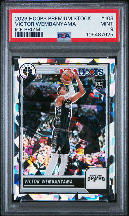 2023-24 Hoops Premium Stock Victor Wembanyama #108 Ice Prizm PSA 9 front