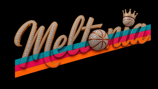 A stylized 3D wordmark reading "Melton" in cursive, covered with small metallic studs, with two basketballs and a crown integrated into the design, set on diagonal rainbow stripes against a plain white background.
