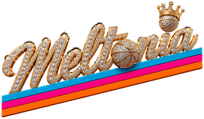 Meltonia diamond script logo with crowned basketballs and teal-pink-orange Fiesta stripes